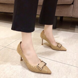 High Heels Women's High Heel Stiletto Pointed Square Buckle Women's Shoes 2020 Spring New European and American Fashion Shallow Mouth Work Shoes