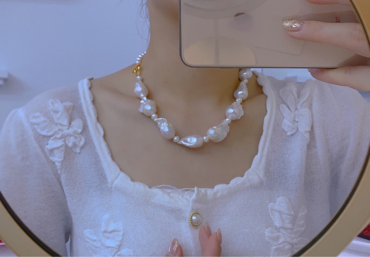 淡水异形巴洛克珍珠15-18mm小珍珠双拼项链欧美时尚潮流锁骨链