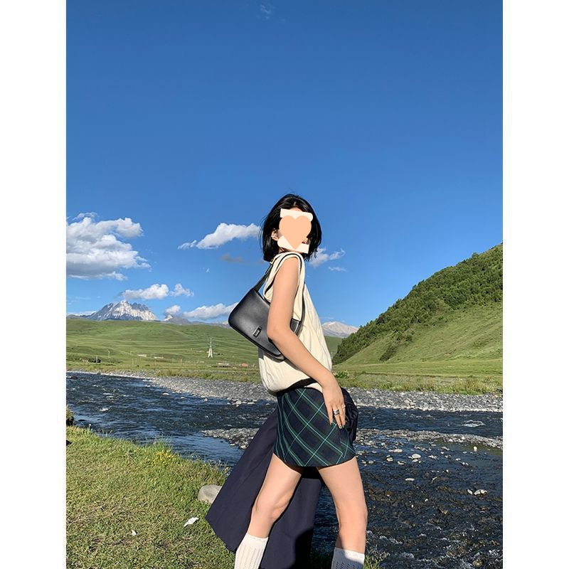 2025春秋新款绿色格子半身裙女高腰显瘦a字裙减龄