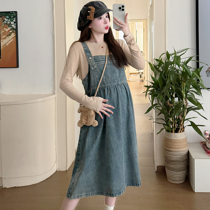 임산부복 봄 가을 서스펜더 데님 드레스 2024 패션 아우터웨어 임산부 투피스 슈트 임산부 스커트 트렌드