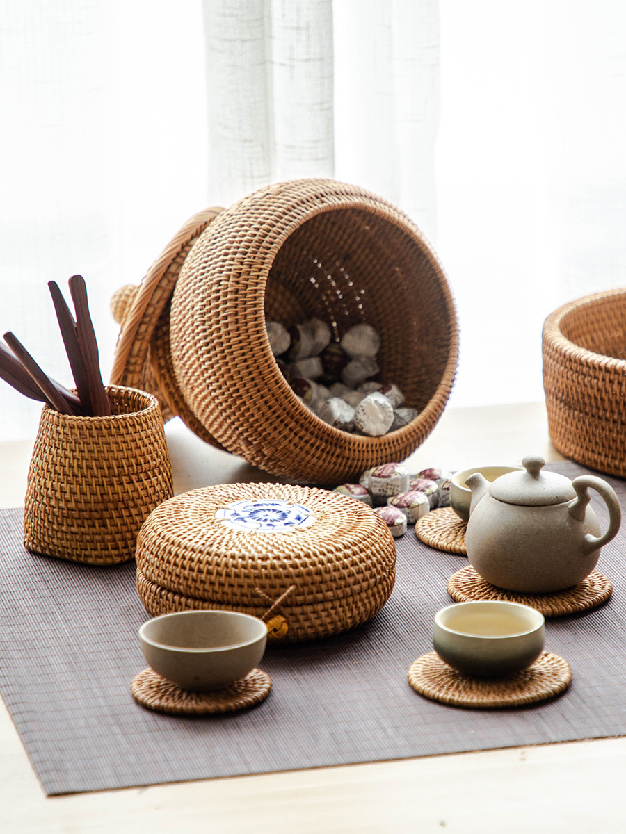 A947越南藤編收納筐茶葉罐普洱茶餅包裝盒禮盒儲物收納存茶桶茶盒