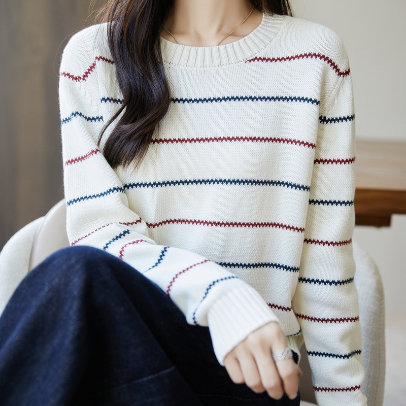 波浪线条纹圆领毛衣女线撞色长袖秋冬软糯纯棉内搭针织打底衫|undefined