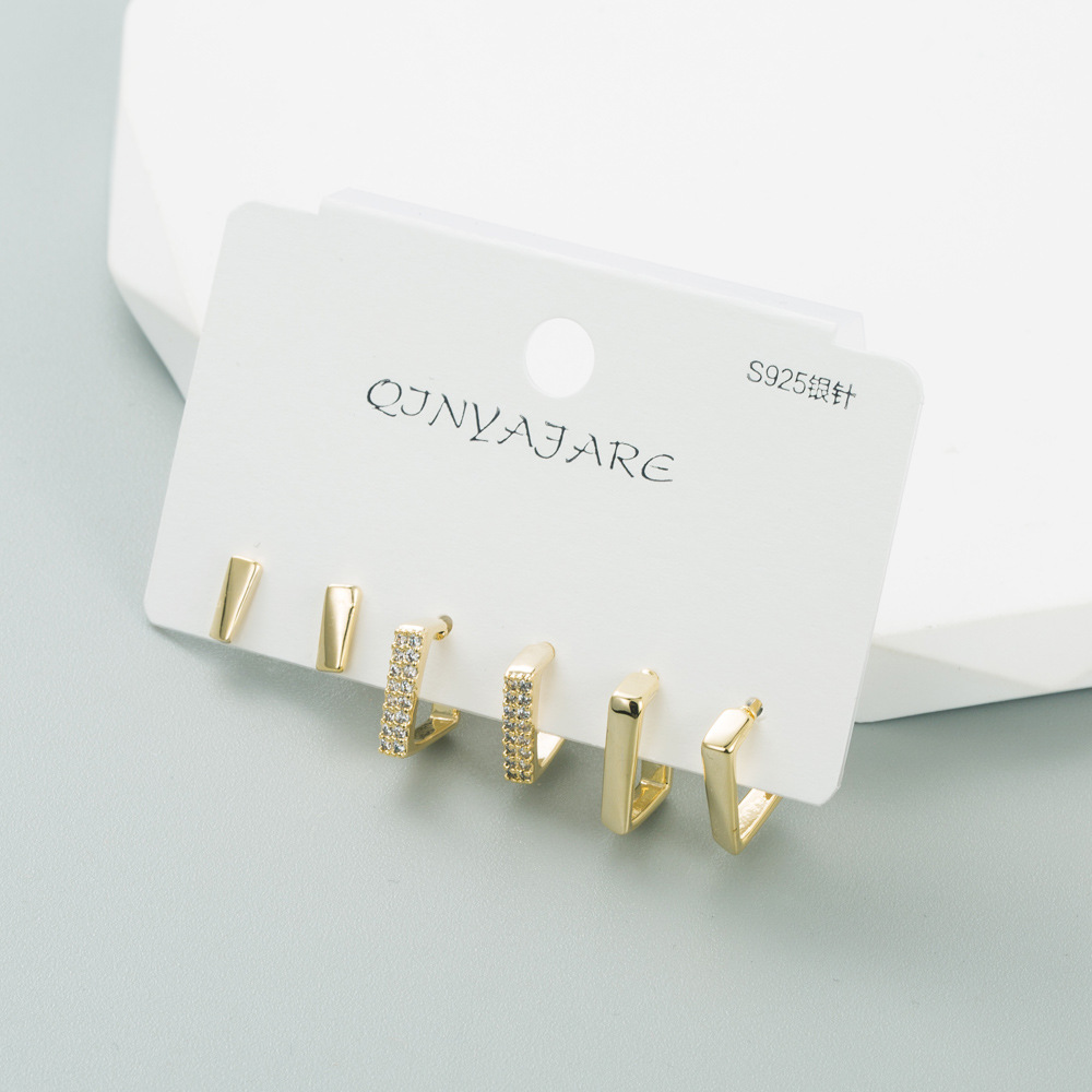Fashion C Shape Square Copper Earrings Inlay Zircon Copper Earrings 3 Pairs