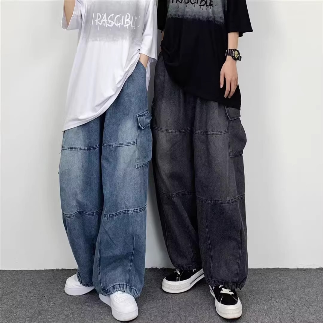 Lazy Vintage Tooling Wide-leg Jeans Men's Hong Kong Style Loose Oversize Big Pocket Retro Street Trousers_mkmklike.com