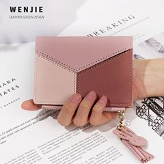 源頭廠家直銷新款三色拼接錢包短款時尚百搭女士撞色流蘇錢包簡約