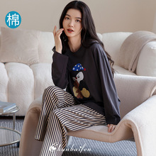 纯棉睡衣女士春秋季2025新款休闲宽松卡通长袖长裤条纹家居服套装
