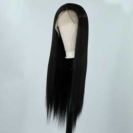 假发欧美长直发黑色中分wig13*2.5手钩化纤假发女士前蕾丝头套