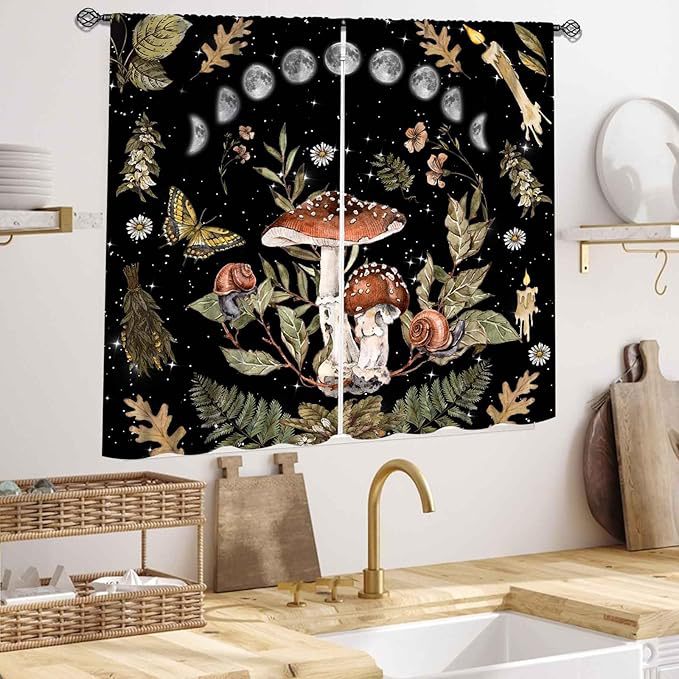 Cross-Border New Green Black Mushroom Small Kitchen Plant Print Curtain Kitchen Cafe Restaurant Decorative Window Curtain