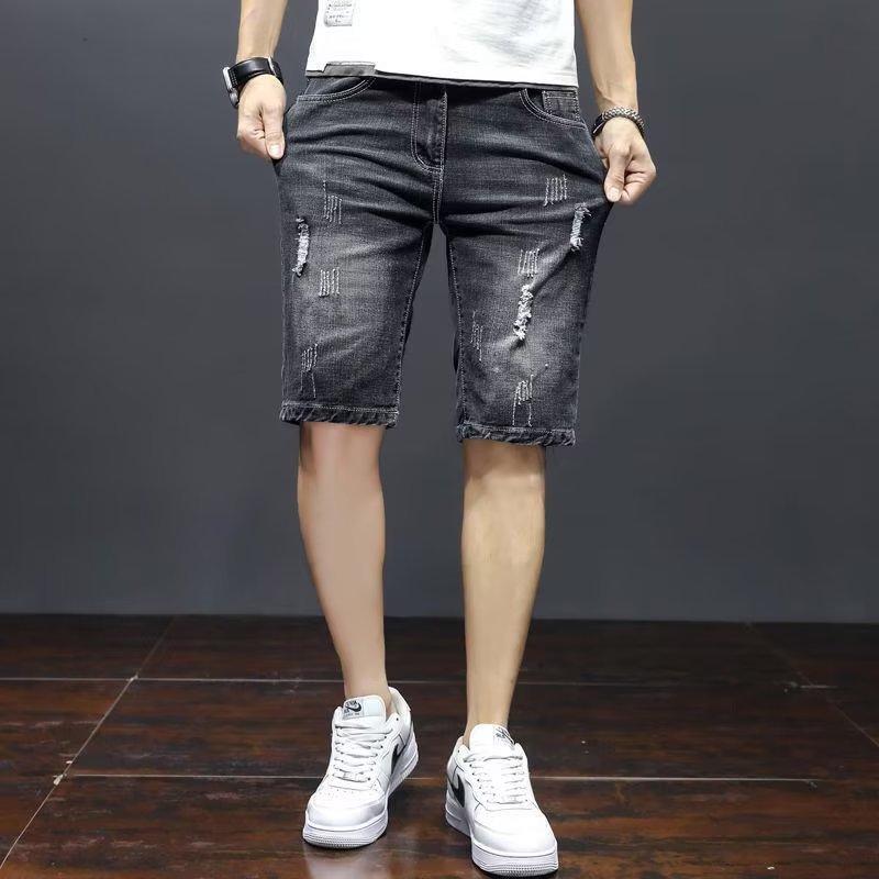 Summer Thin Stretch Denim Shorts Ripped Slim Straight Youth Mid-Length Casual Pants for Men