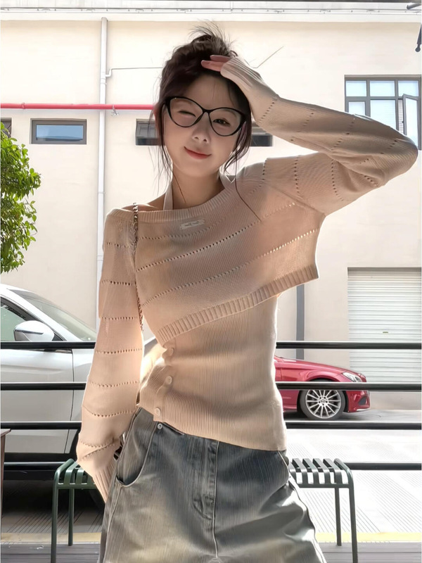 韩系chic早秋穿搭两件套修身挂脖背心套装针织衫镂空毛衣别致上衣|undefined
