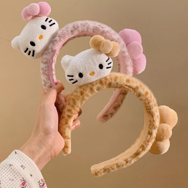 Cute Leopard Print Kitty Cat Bow Plush Headband Female Cartoon Cute Headband Face Wash Hairpin Autumn and Winter Headwear