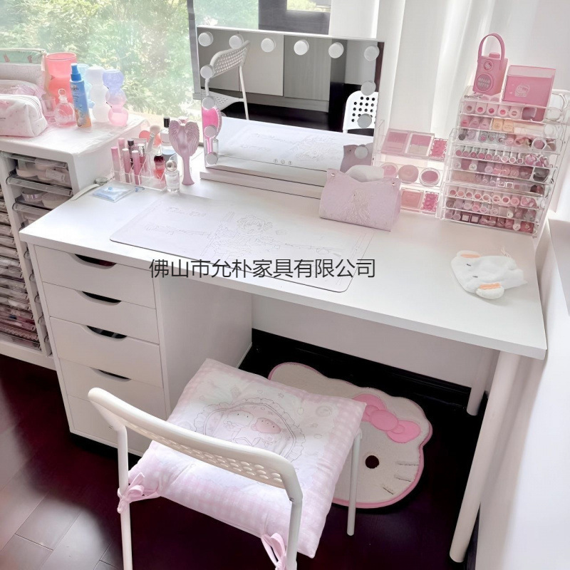 Simple and modern vanity table for rental apartments, featuring drawers for storage, a double desk, and a minimalist design, suitable as a student study desk Simple and modern vanity table for rental apartments, featuring drawers for storage, a double desk, and a minimalist design, suitable as a student study desk