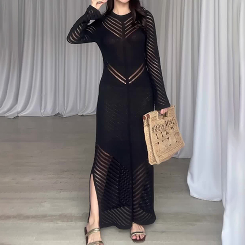 Damenbekleidung Herbst Rundhals gestrickt hohl langen Rock hohe Taille enge Hüfte Kleid_voghion.com