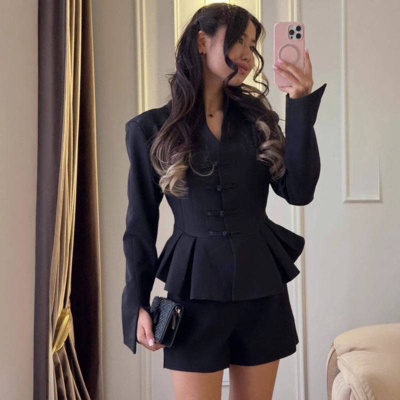 2026 Solid Color Waist-Cinched Ruffled Blazer with High-End Design, Slim Fit Jacket for Daily Commuting, Simple and Elegant Women's Top