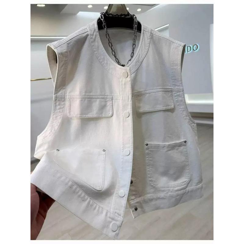 High-Quality Cotton White Denim Sleeveless Vest for Women, Spring and Summer Workwear with Pockets, Layered Vest, Super Stylish Top for Autumn