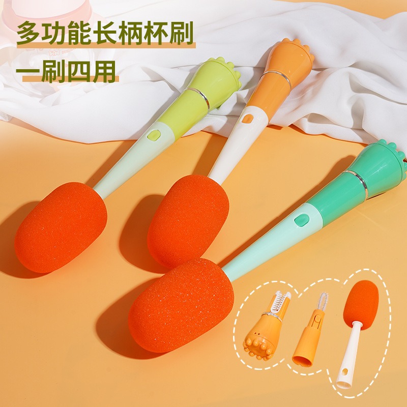 Hogar multi-funcional botella boca taza cepillo de lavado mango largo zanahoria taza cepillo extraíble tres en uno biberón pezón cepillo de limpieza