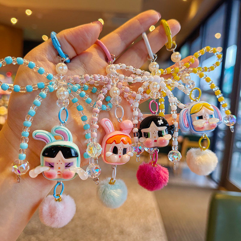 Cute Cartoon Doll Bow Keychain DIY Beaded Couple Internet Red Car Key Chain Fur Ball Backpack Pendant