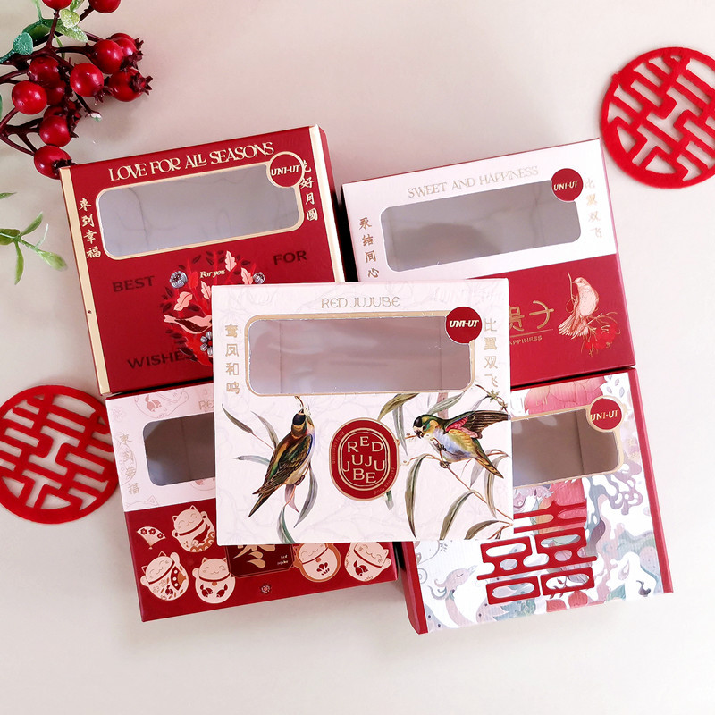 新款设计彩枣繁花开窗高冠龙凤两粒装枣盒结婚喜糖包装空盒批发