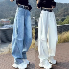 大码美式浅色弯刀牛仔裤女2025春夏款胖mm宽松高腰显瘦直筒阔腿裤
