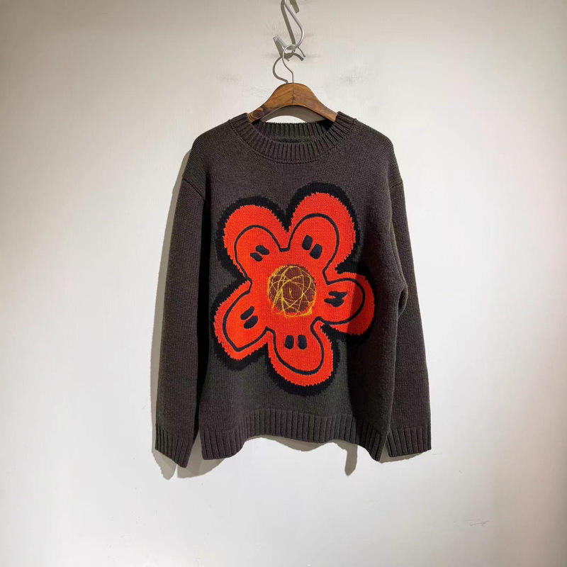 Aw Japanese Style Street Thickeneded Wool Knitwear Retro Men's and Women's Flower Embroidered Round Neck Knitwear Couple Knitwear