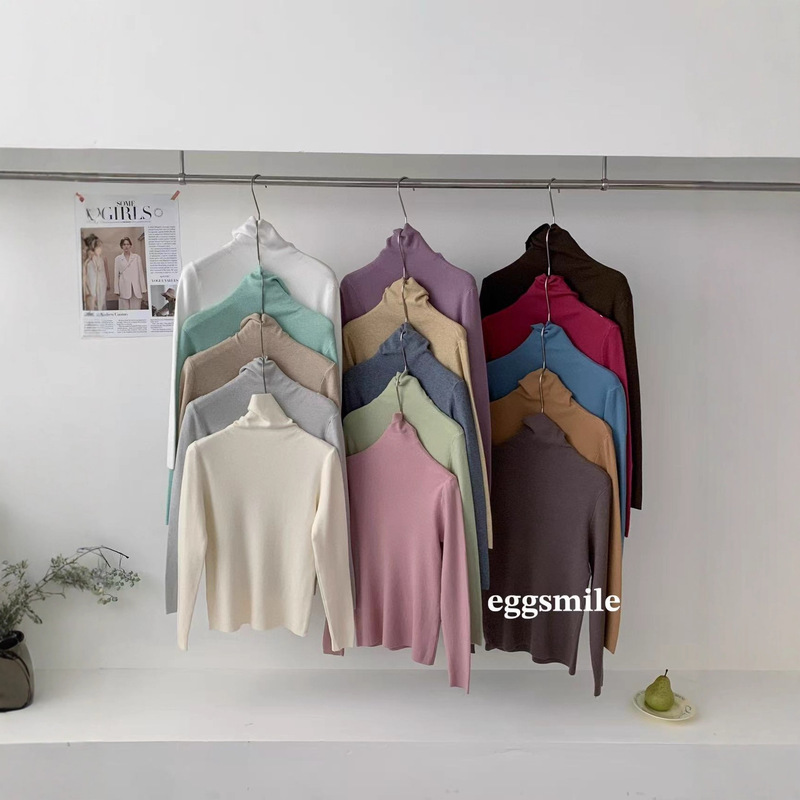 Eggsmile Women's Group Pile Collar Bottoming Shirt High Collar Pure Color Autumn and Winter Sweater with Pure Color Slim Fit Women's Knitted