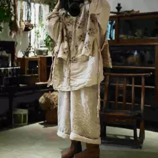 SN366进口亚麻印花复古套头系带马甲背心
