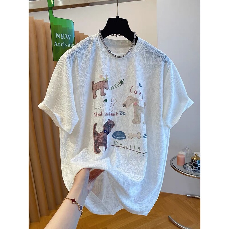 [Plus-Size Girl] Summer Design Lace Cartoon Short-Sleeve T-Shirt for Women, Relaxed Fit, Slimming, Versatile, Lightweight Top