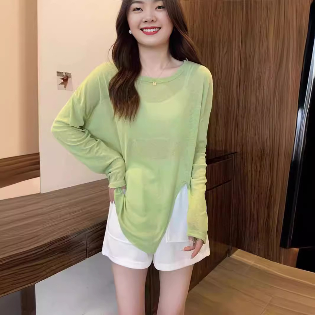 Women's Autumn 2025 New Arrival: Avocado Green Long-Sleeved Sunscreen Cardigan with Slits, Klein Blue Top