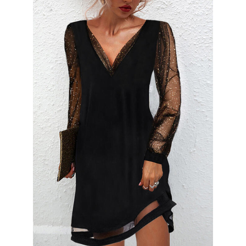 Amazon Spring and Autumn European and American V Neck Mesh Sequin Stitching Loose Fashion Long-Sleeved Dress Evening Dress Cut Out
