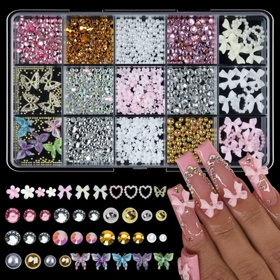 Cross-border bestseller 15-piece mixed set of bow ribbons, nail art resin decorations, and nail accessories wholesale (Dırnaq bəzəkləri) - 15-piece-mixed-decoration-set-01