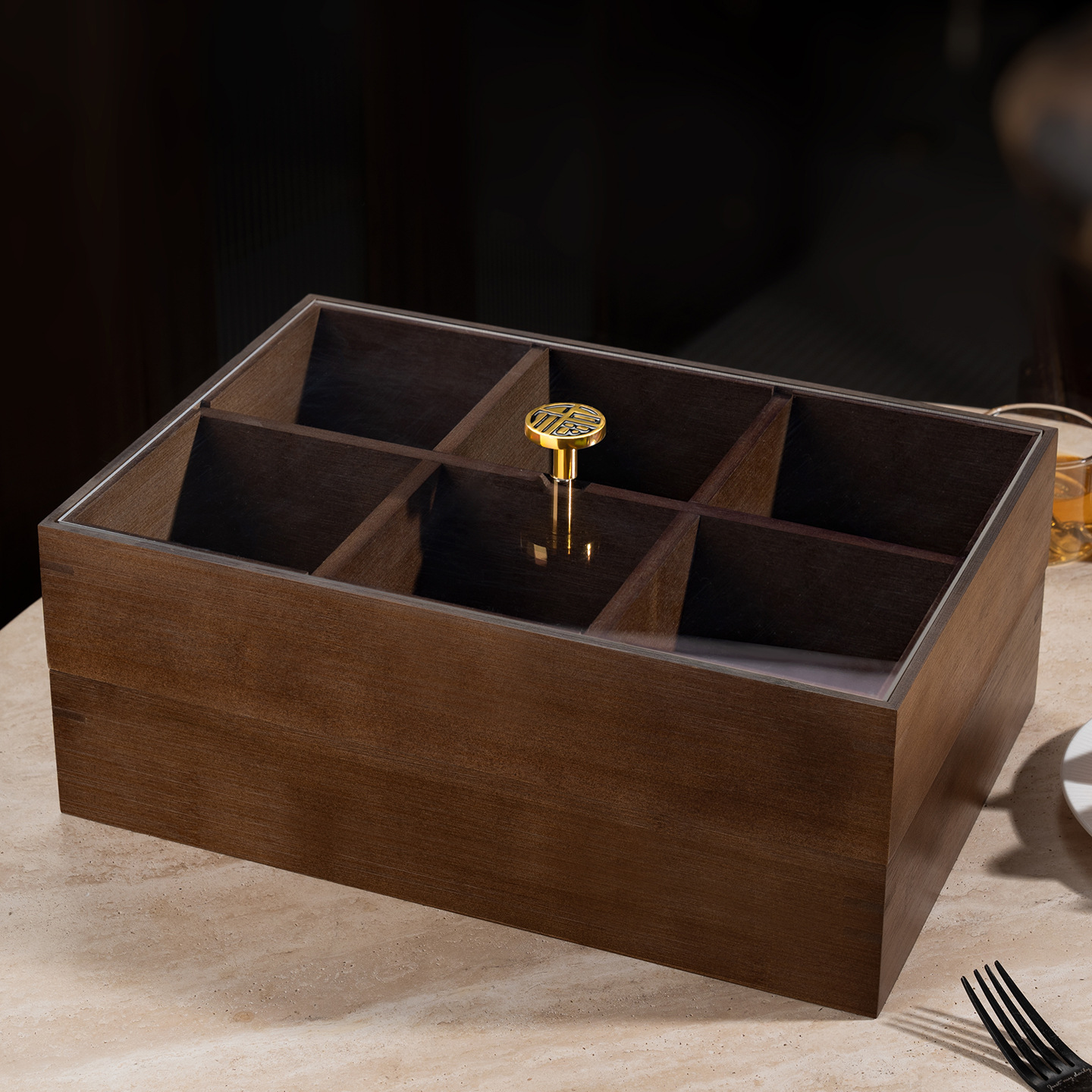 Nueva caja de frutas secas de madera china, caja de almacenamiento de bocadillos de nueces, bandeja de frutas dividida, bandeja de dulces doméstica de nueva casa
