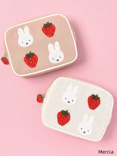 in stock Japanese Miffy Strawberry Cartoon Cute Pink Square Makeup Storage Bag Portable Embroidered Fashion Mouth Red Bag