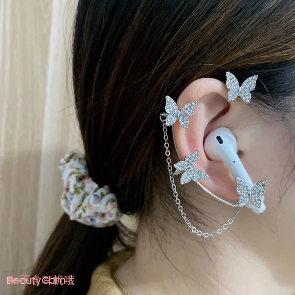 Design sense flash diamond butterfly ear hanging headset anti-lost chain niche design sense Super fairy ear hanging earless ear clip