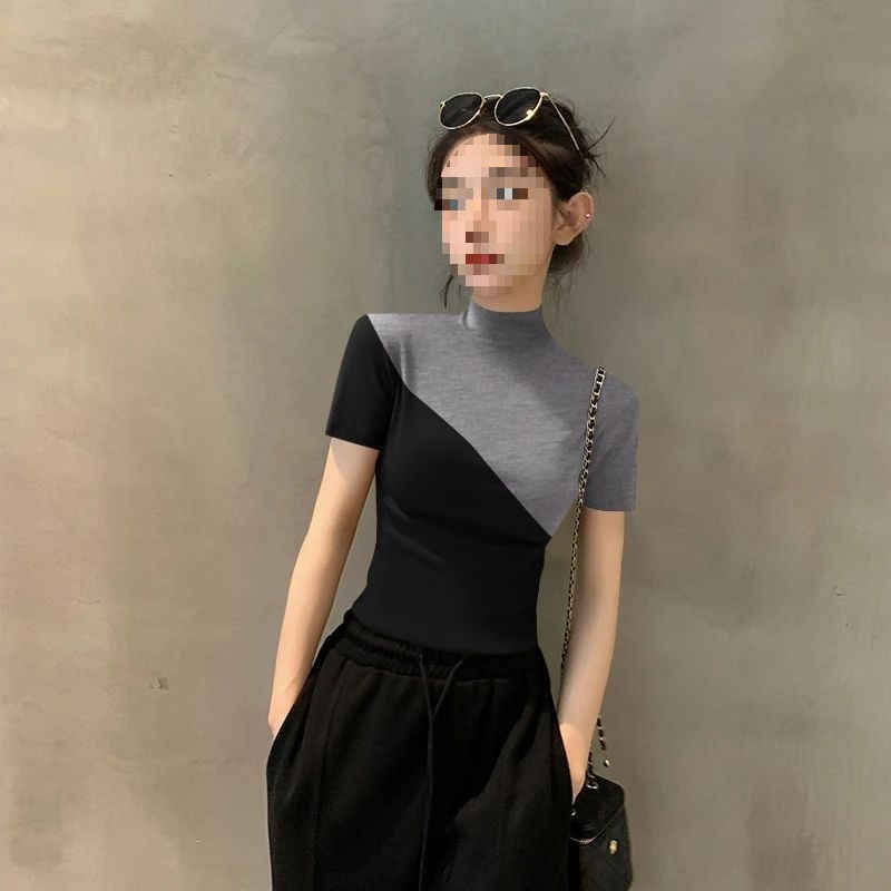 新しいコントラストカラー半袖スリムTシャツ2025ハーフタートルネック春夏ボトムスファッション痩身カラーブロック万能トップ|undefined