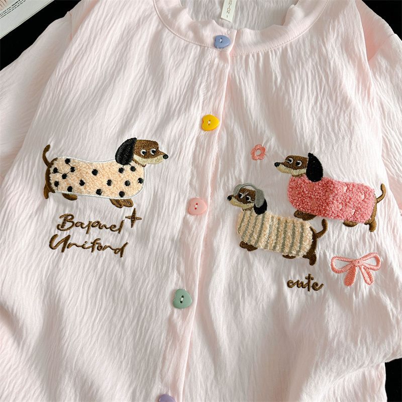 Pijama de tres piezas para mujer verano con almohadilla para el pecho Yunduo Red de algodón Transfronterizo cómodo traje de servicio a domicilio de estudiante de manga corta de dibujos animados
