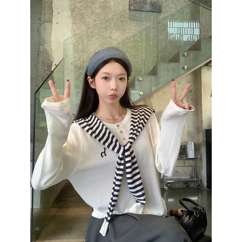时尚高级感韩系条纹披肩长袖针织衫女2025秋季新款宽松刺绣上衣|undefined