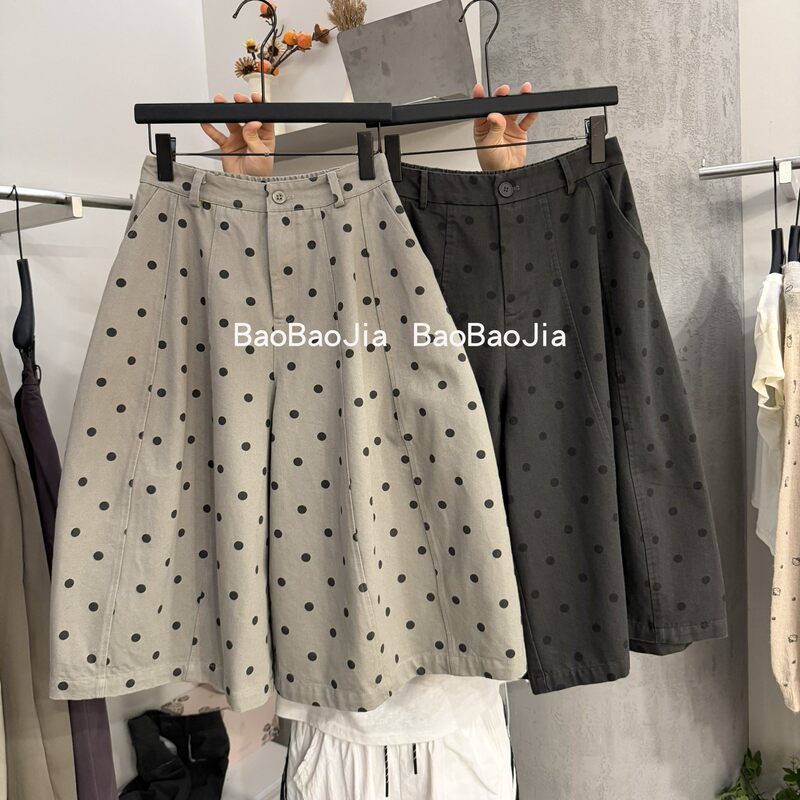 Baobaojia Vintage High-Waisted Polka Dot Wide-Leg Cropped Pants for Women 2026 Early Autumn Petite Loose Age-Reducing Casual Pants