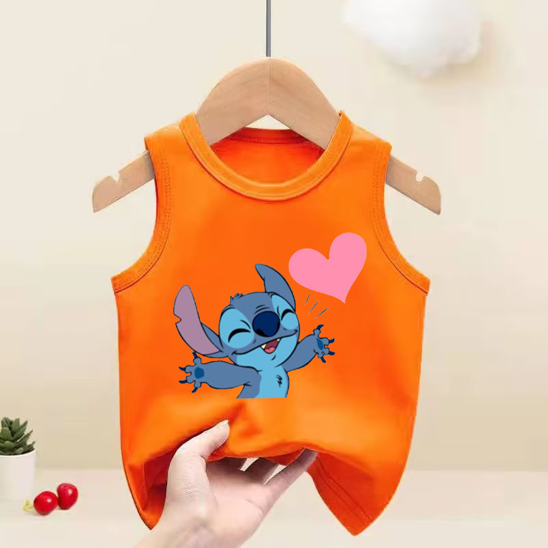 Stitch 史迪奇跨境獨立站外貿童裝中大童無袖背心卡通圖案印花夏