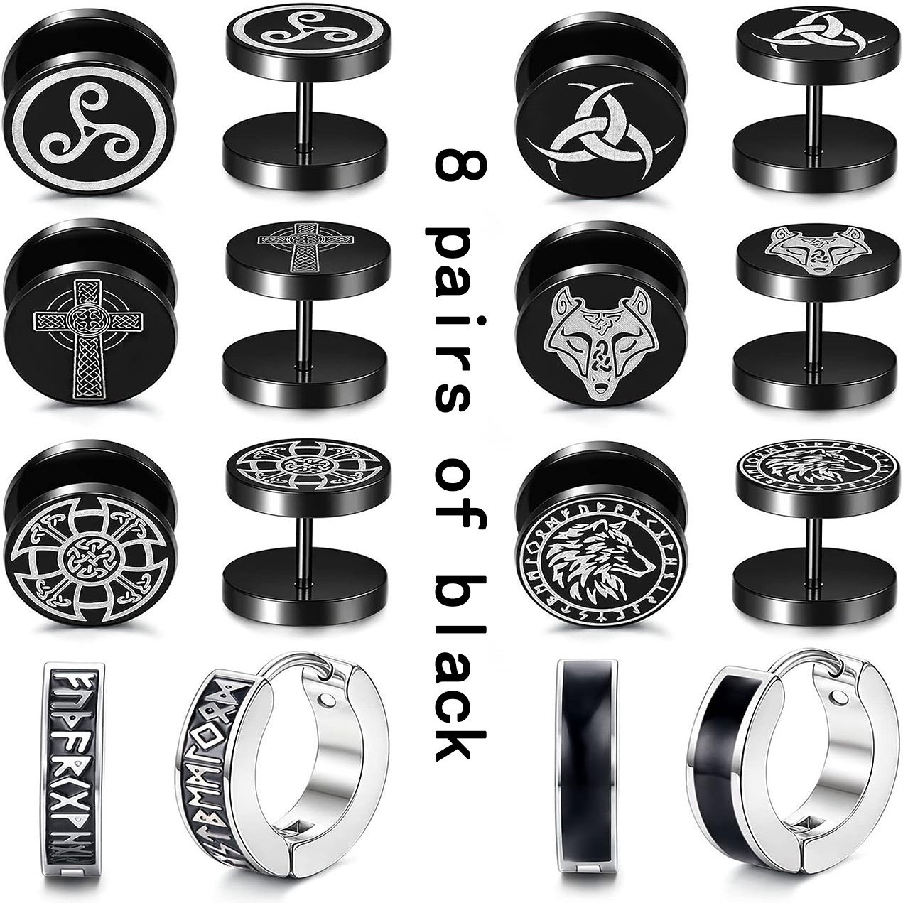 Boucles d'oreilles unisexes noires à fermoir plat, motif runique unique nordique viking, en acier inoxydable, style géométrique classique et tendance._voghion.com