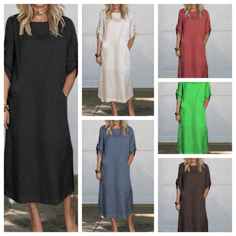 2024 European and American Spring and Summer Explosions Women's Independent Station Cotton and Linen Solid Color Casual Round Neck Double Side Pocket Long dress 2024 European and American Spring and Summer Explosions Women's Independent Station Cotton and Linen Solid Color Casual Round Neck Double Side Pocket Long dress