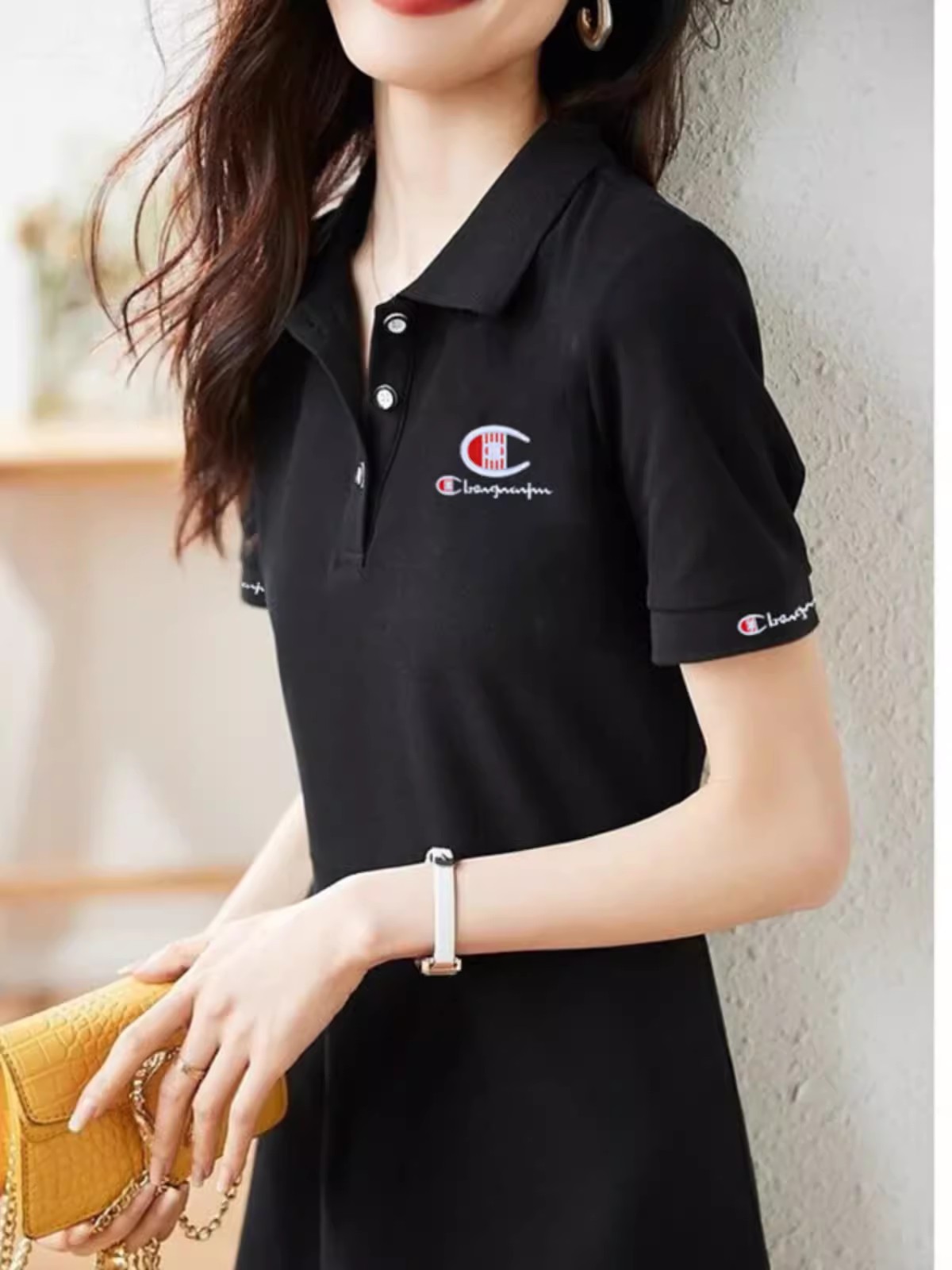 Đầm midi cổ polo tay ngắn thắt eo kiểu Pháp — đen chi tiết 1