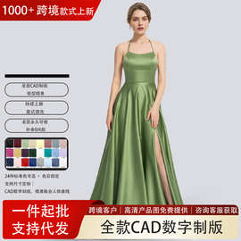 跨境亚马逊舞会礼服裙女 A字圆领拖尾缎面晚礼服婚纱外贸伴娘礼服