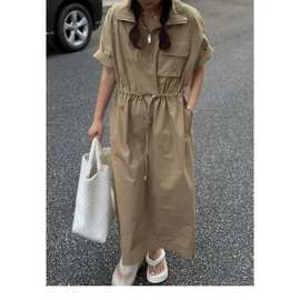 韩风chic夏季新款遮肚子减龄洋气时尚系带收腰复古工装连衣裙裙子