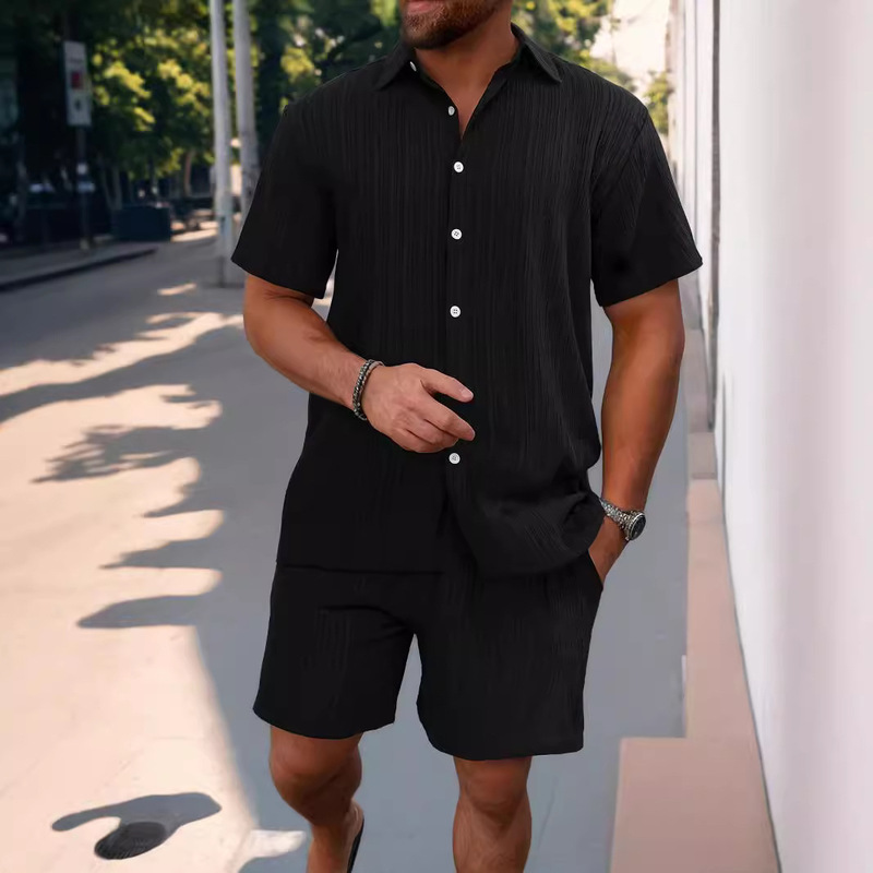 2024 Summer Amazon Aliexpress European and American Cross-Border Men's Shirt Casual Loose Short-Sleeved Shorts Beach Suit
