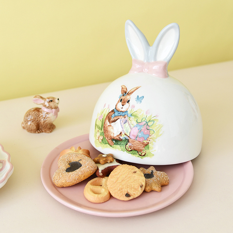 Cerámica de Pascua dibujos animados conejos cubiertos encantadores platos de mantequilla domésticos comercio exterior