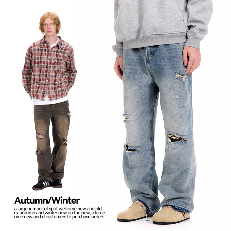 Unf Cleanfit Versatile Basic Washed Feet Destroyed Frayed Distressed Casual Straight Ripped Jeans for Men