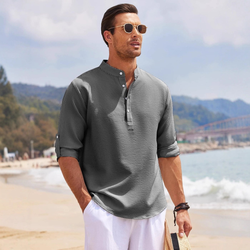 European and American Long-Sleeved Shirts for Men, Stand-Up Collar Half-Button Shirts, Pineapple Plaid Shirts, Men's Casual Shirts, Tops for Men