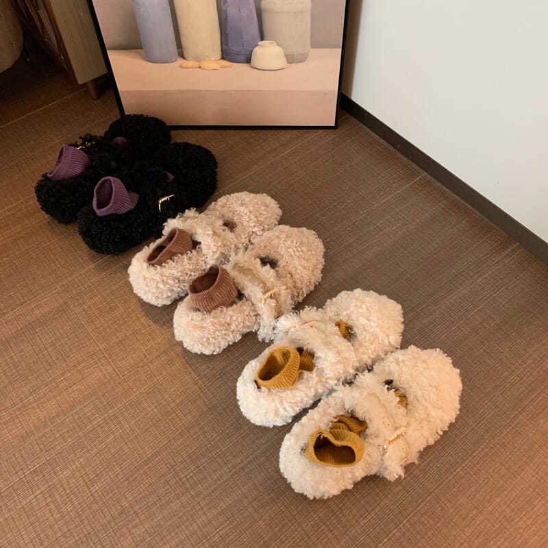 Tamanho grande sapatos peludos para outono e inverno exterior usar nova sola plana internet celebridade encaracolado mais gorro de veludo única mulher_voghion.com