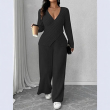 跨境欧美女装2025春秋新款针织v领女士优雅V领罗纹上衣阔腿裤套装