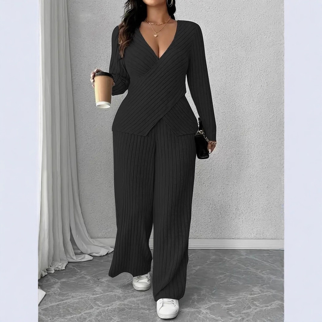 跨境欧美女装2025春秋新款针织v领女士优雅V领罗纹上衣阔腿裤套装